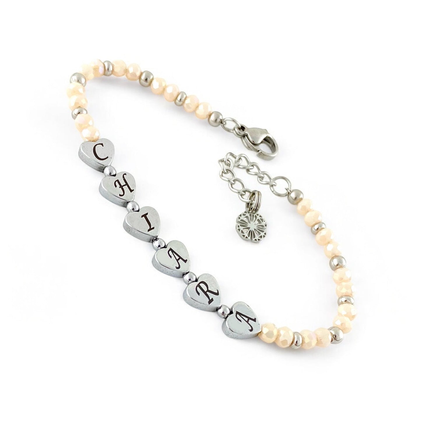 Bracciale Cristallo con Nome Inciso su Cuore di Ematite - Baige Chiaro