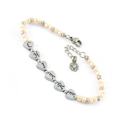 Bracciale Cristallo con Nome Inciso su Cuore di Ematite - Baige Chiaro