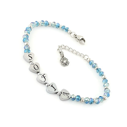 Bracciale Cristallo con Nome Inciso su Cuore di Ematite - Celeste