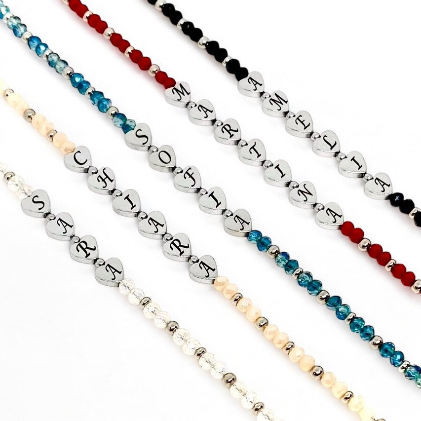 Bracciale Cristallo con Nome Inciso su Cuore di Ematite - Colori