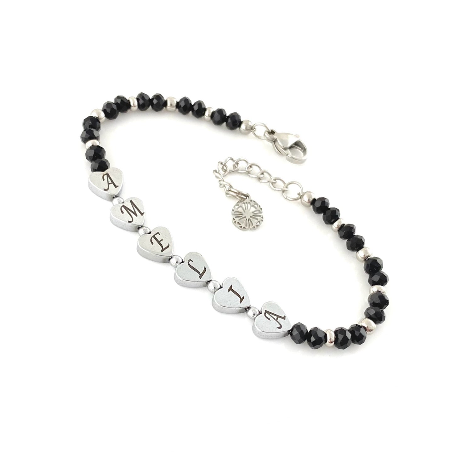 Bracciale Cristallo con Nome Inciso su Cuore di Ematite - Nero