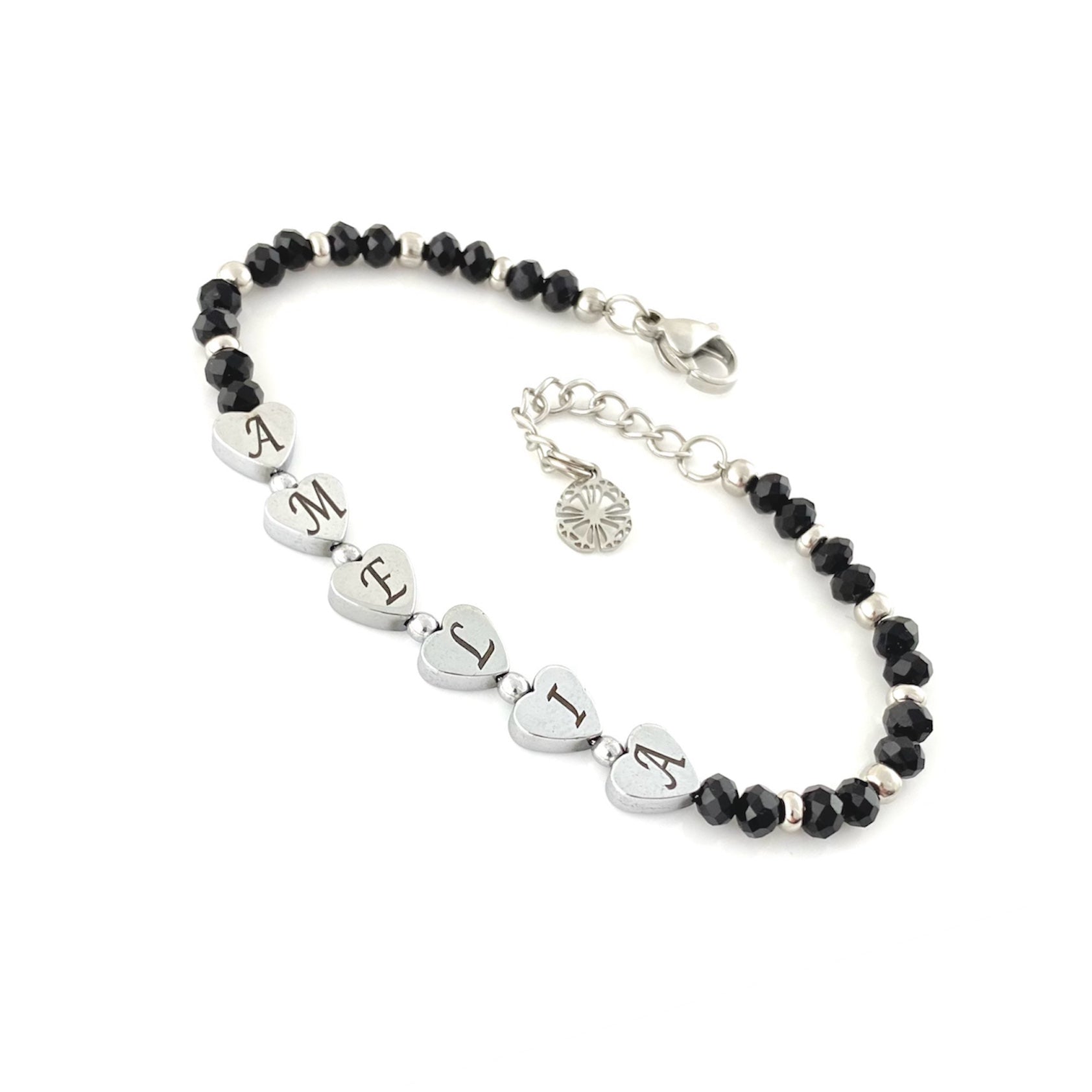 Bracciale Cristallo con Nome Inciso su Cuore di Ematite - Nero