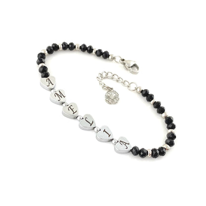 Bracciale Cristallo con Nome Inciso su Cuore di Ematite - Nero