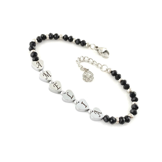 Bracciale Cristallo con Nome Inciso su Cuore di Ematite - Nero