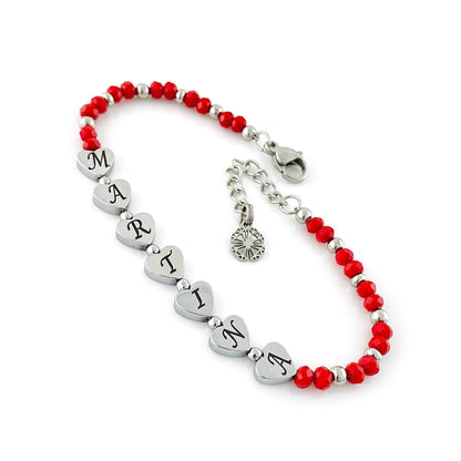 Bracciale Cristallo con Nome Inciso su Cuore di Ematite - Rosso