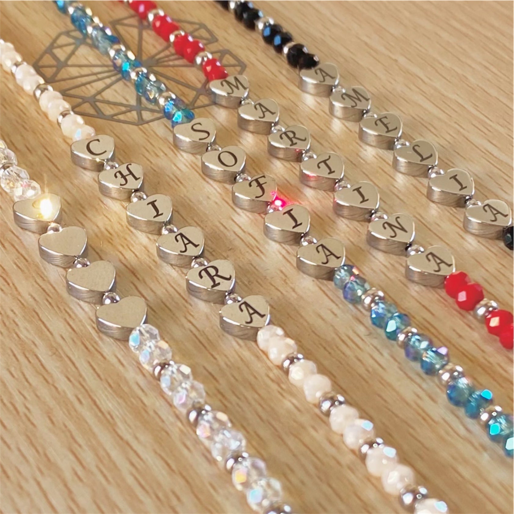 Bracciale Cristallo con Nome Inciso su Cuore di Ematite - Colori