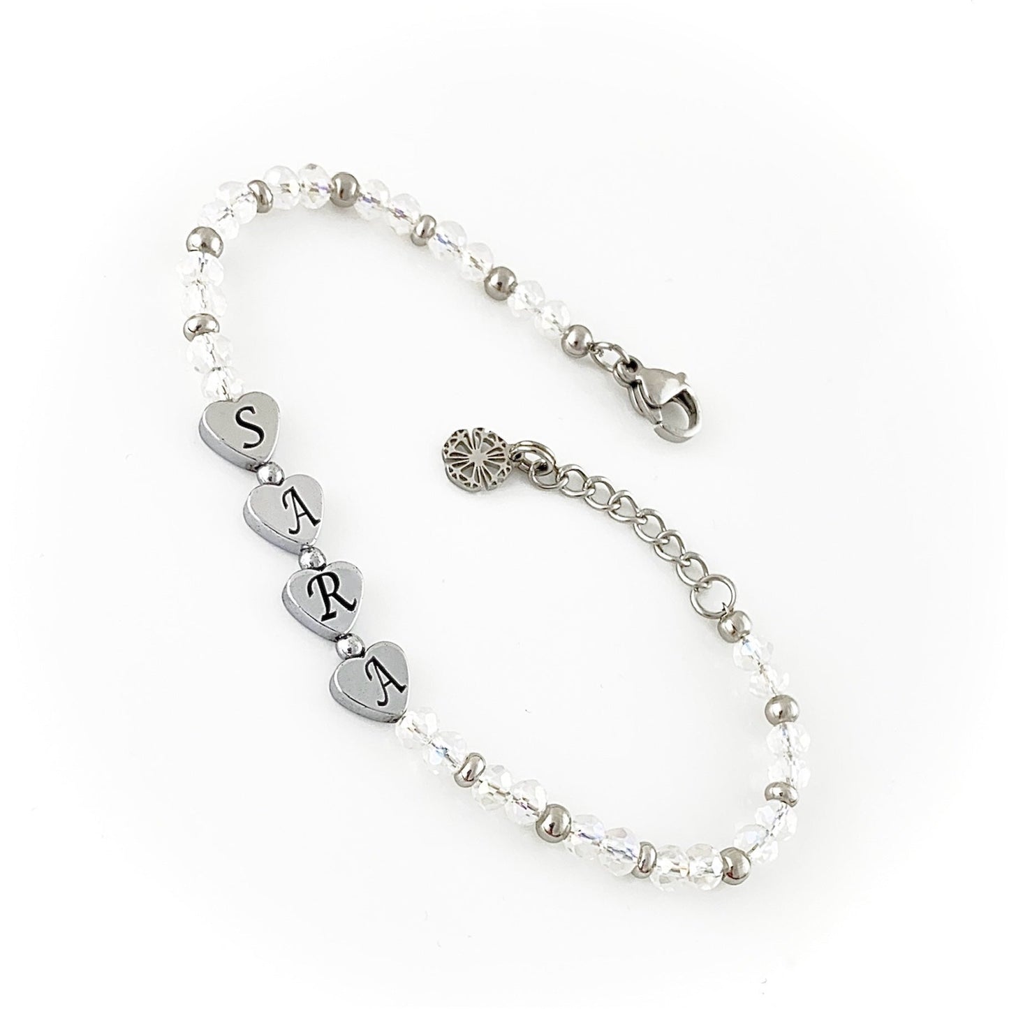 Bracciale Cristallo con Nome Inciso su Cuore di Ematite - Trasparente